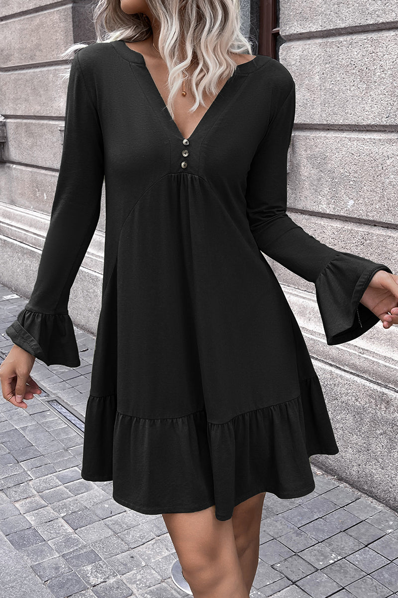 V-Neck Flounce Sleeve Ruffle Hem Mini Dress - Earth Angel Lifestyle