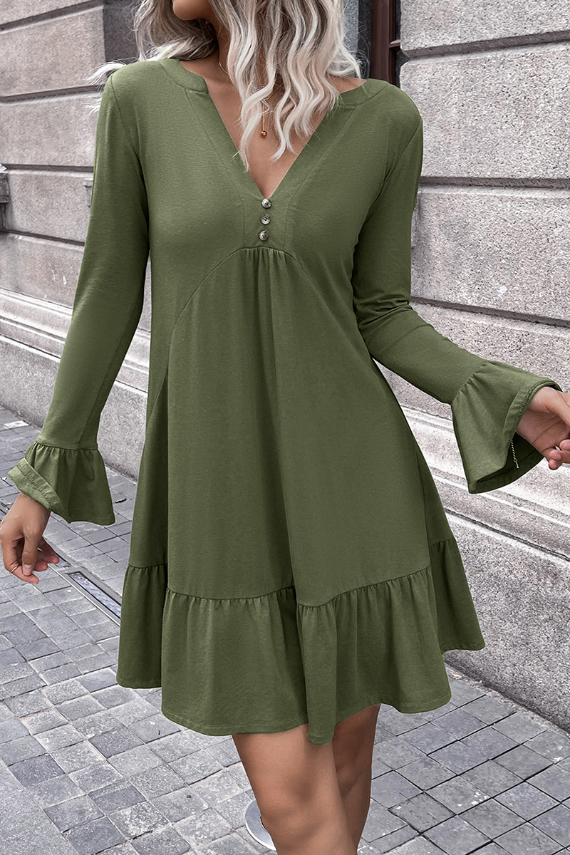 V-Neck Flounce Sleeve Ruffle Hem Mini Dress - Earth Angel Lifestyle