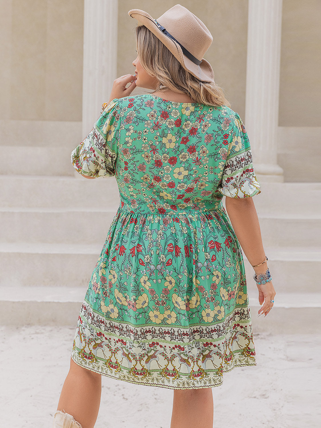 Plus Size Printed V-Neck Short Sleeve Mini Dress - Earth Angel Lifestyle